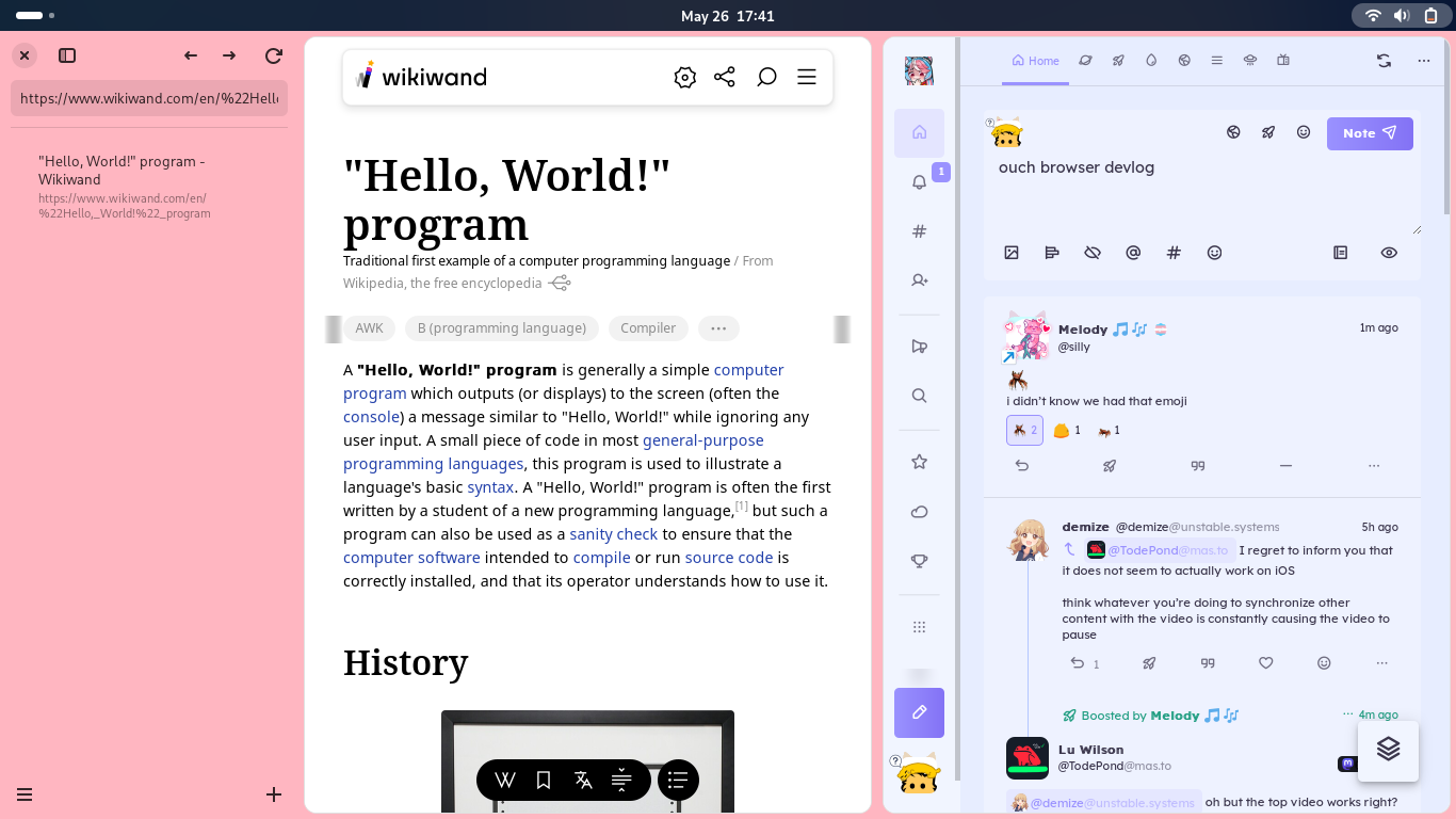 A screenshot of a Ouch Browser prototype showing a split view of the "Hello, world!" Wikipedia article shown on Wikiwand, and a Fediverse feed shown in Sharkey.